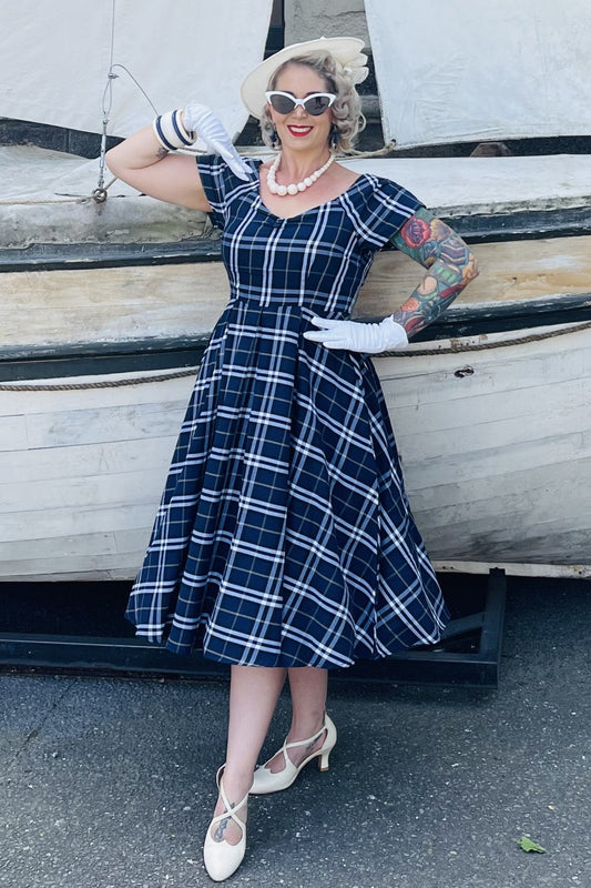 Lily Dark Blue Tartan Off Shoulder Swing Dress