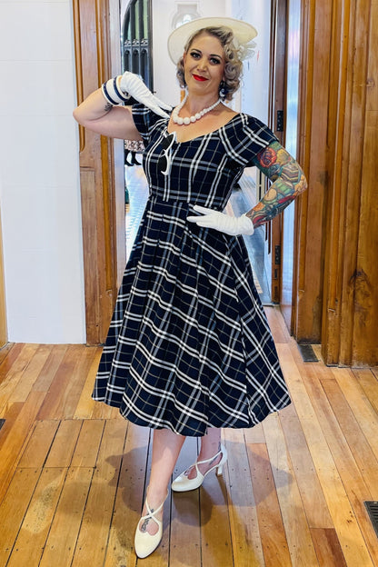 Lily Dark Blue Tartan Off Shoulder Swing Dress