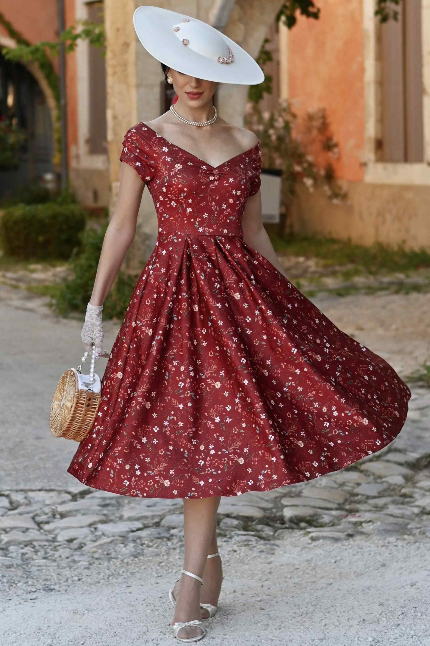 Lily Ditsy Floral Off Shoulder Dress In Red