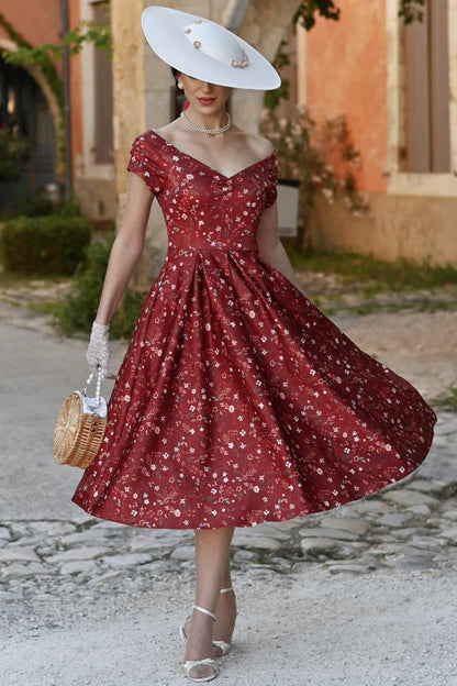 Lily Ditsy Floral Off Shoulder Dress In Red