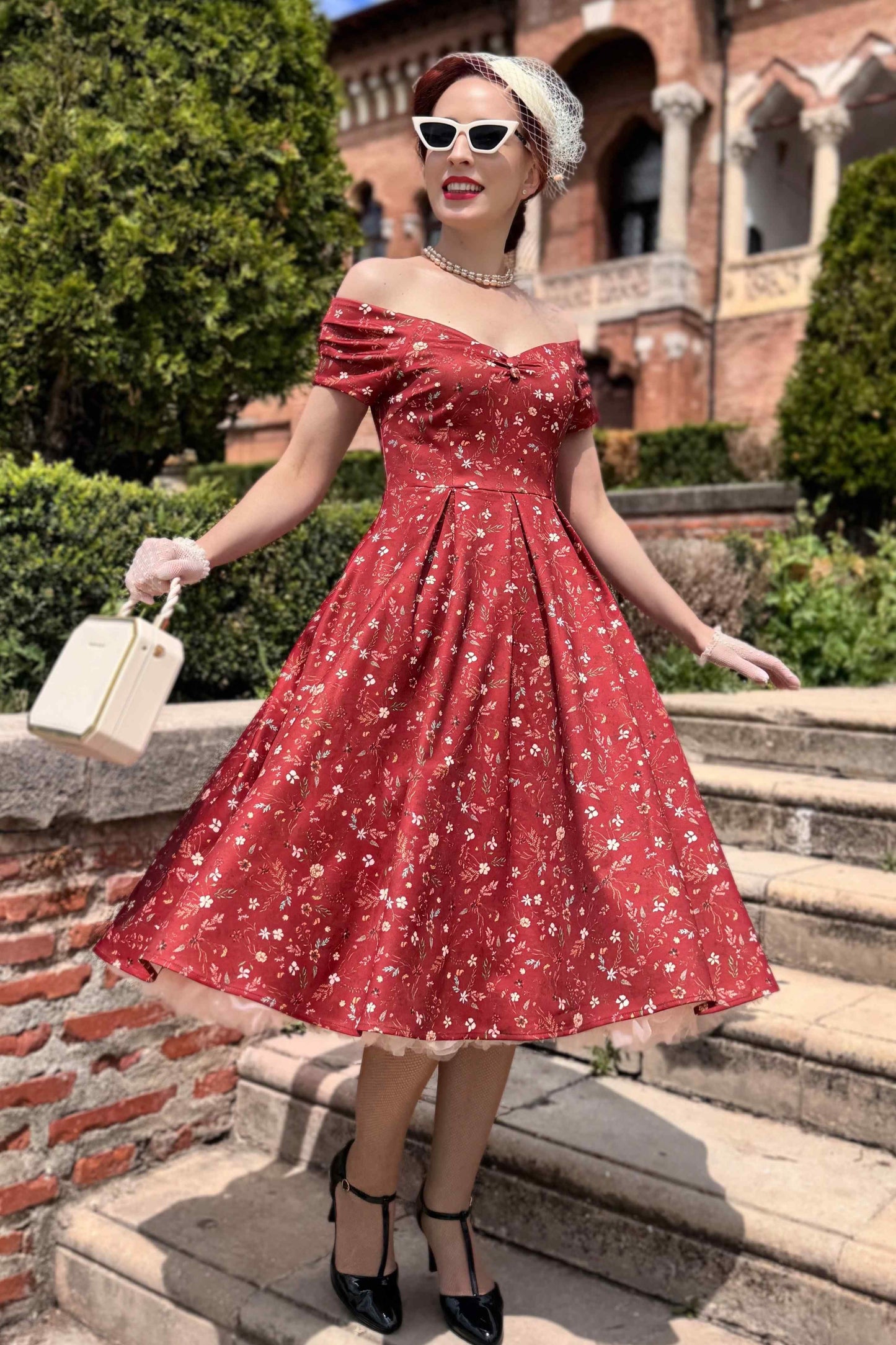 Lily Ditsy Floral Off Shoulder Dress In Red