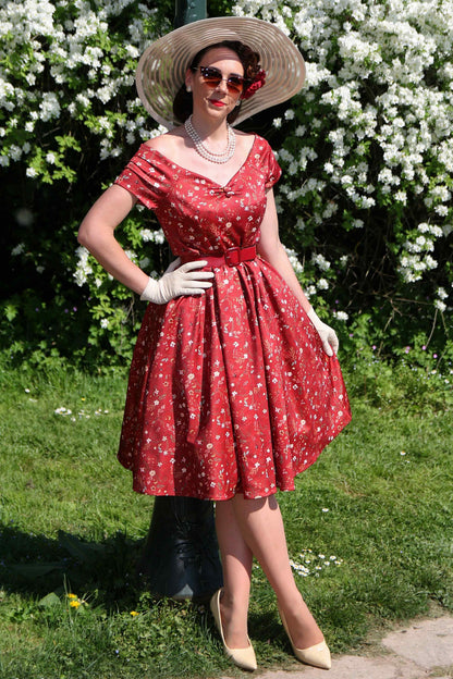 Lily Ditsy Floral Off Shoulder Dress In Red