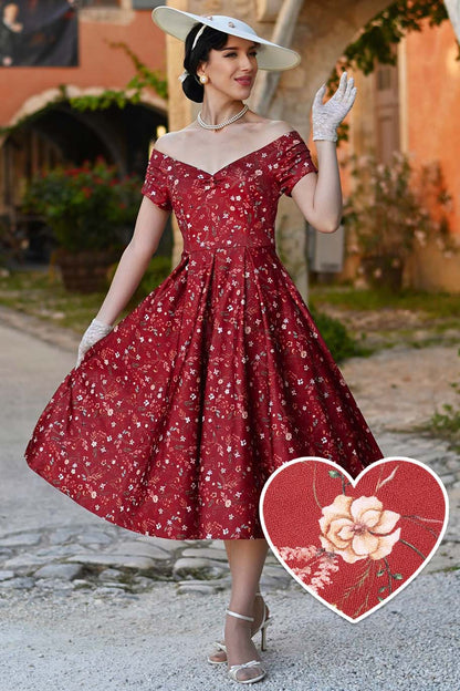 Lily Ditsy Floral Off Shoulder Dress In Red