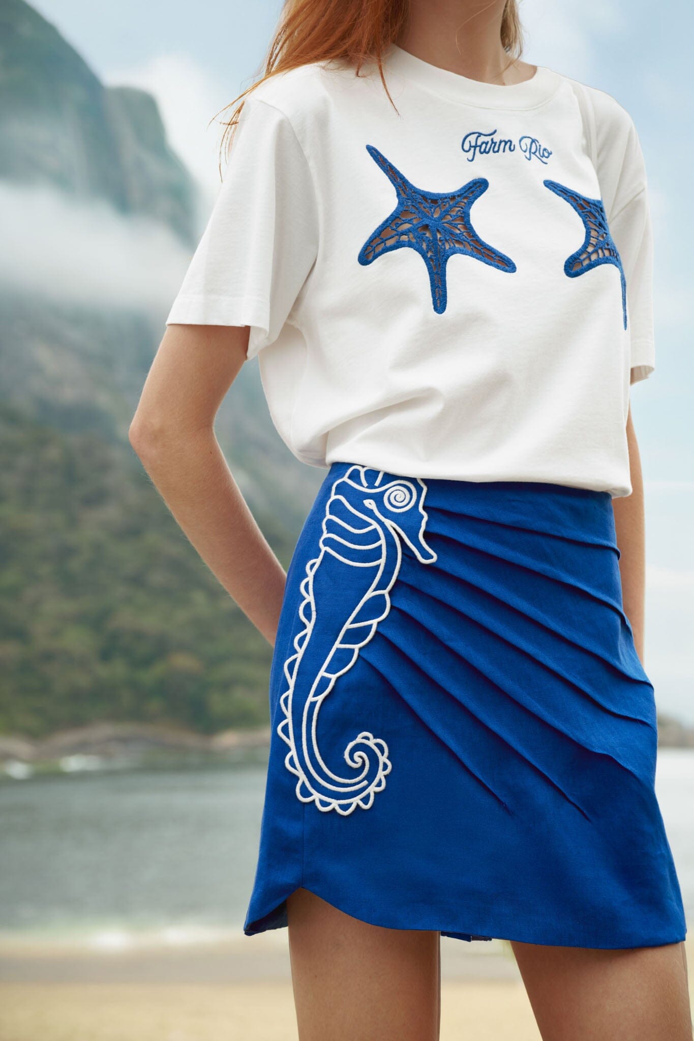 Blue Seahorse Embroidery  Mini Skirt