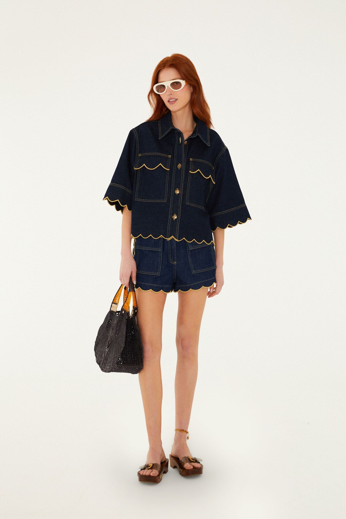 Dark Denim Pockets Wavy Hem Shorts