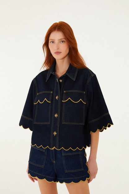 Dark Denim Pockets Wavy Hem Shorts
