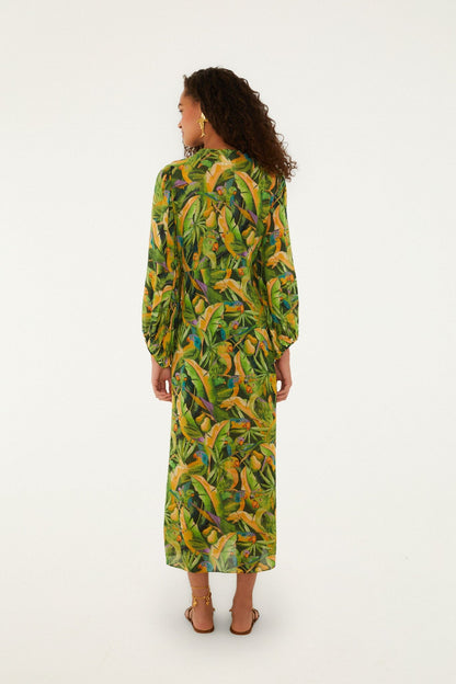 Green Forest Parrots Long Sleeve Midi Dress