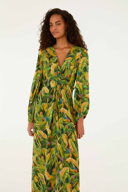 Green Forest Parrots Long Sleeve Midi Dress