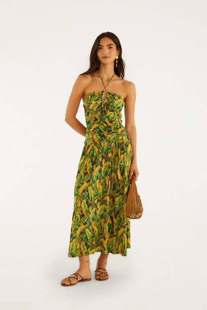Green Forest Parrots Ruched Bodice Maxi Dress