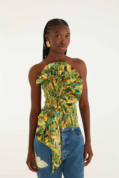 Green Forest Parrots Smocked Ruffled Strapless Top