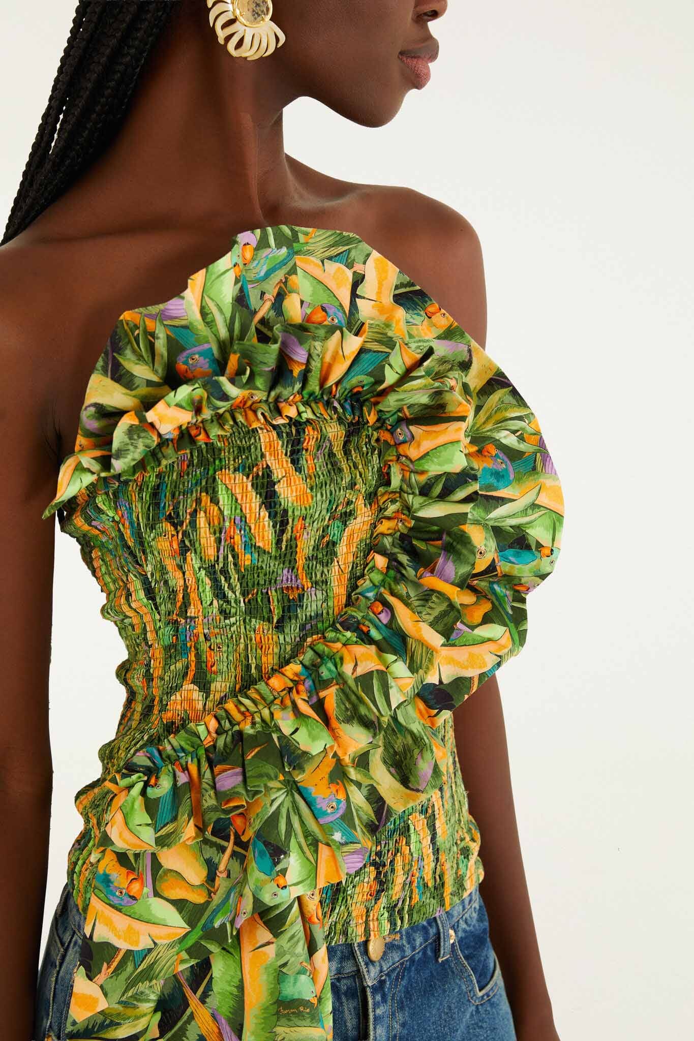 Green Forest Parrots Smocked Ruffled Strapless Top