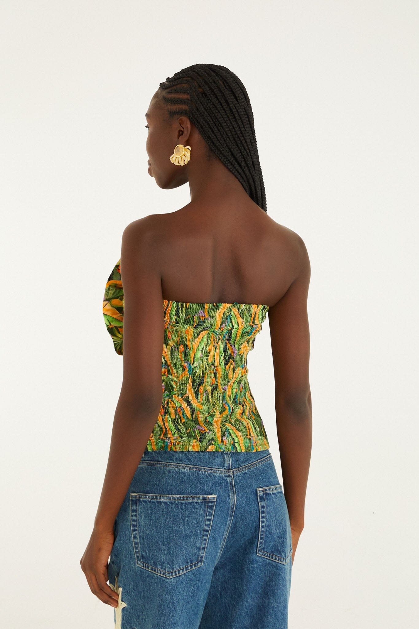 Green Forest Parrots Smocked Ruffled Strapless Top