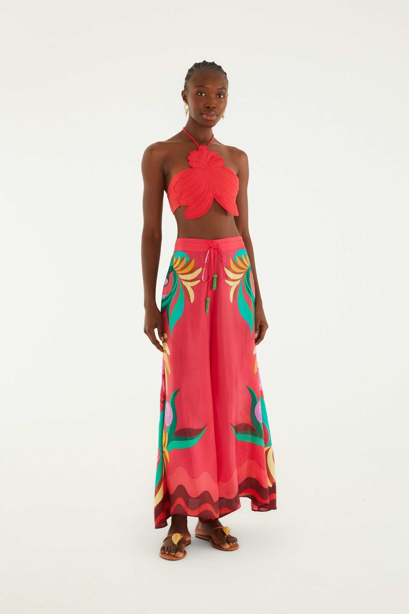 Multicolor Nature Beaded Tasssels Wide-Leg Pants