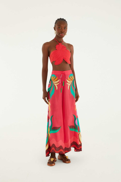 Multicolor Nature Beaded Tasssels Wide-Leg Pants