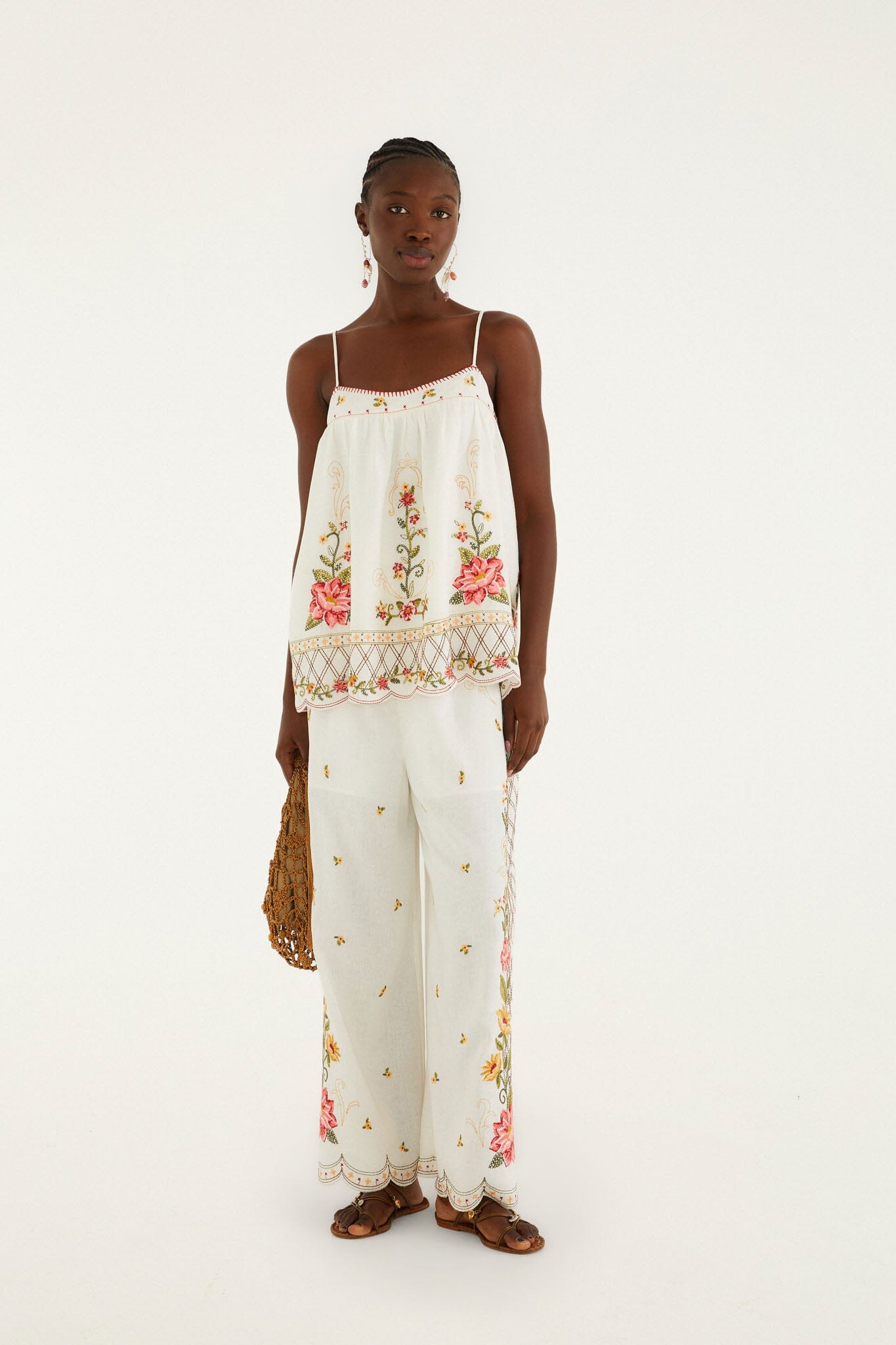 Off-White Flower Embroidery Wide-Leg Pants