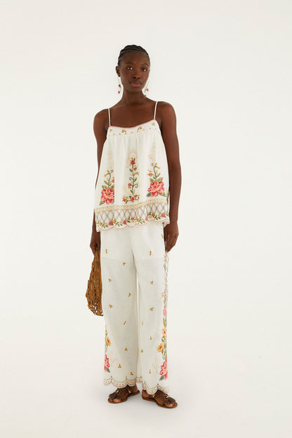 Off-White Flower Embroidery Wide-Leg Pants