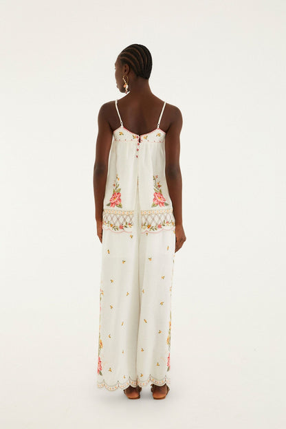 Off-White Flower Embroidery Wide-Leg Pants