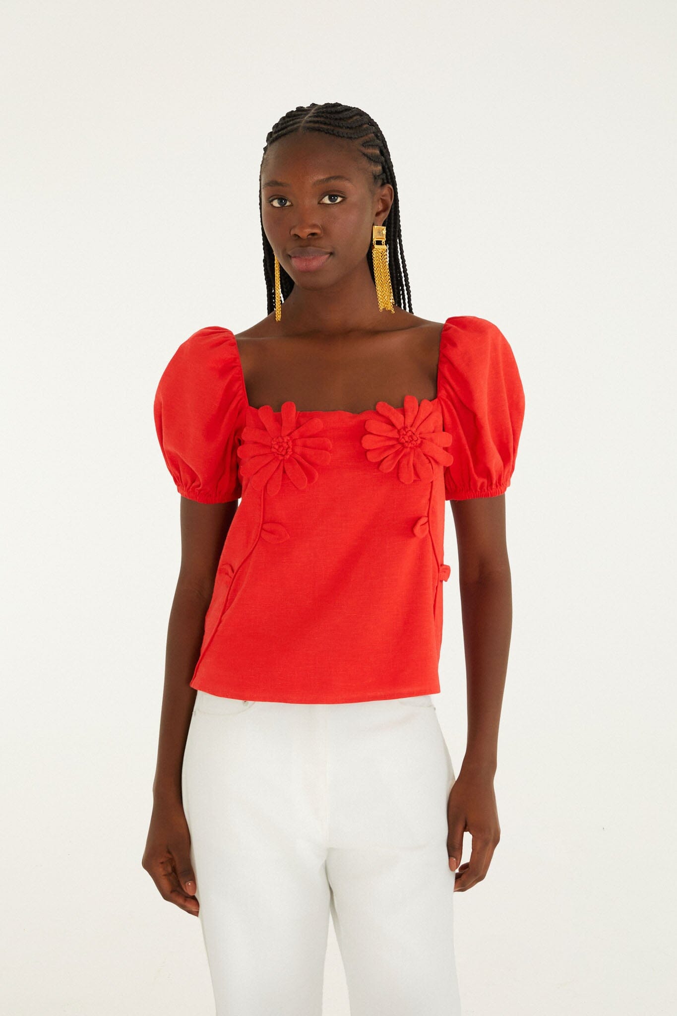 Red 3D Flowers Puff Sleeve Blouse