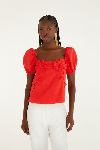 Red 3D Flowers Puff Sleeve Blouse