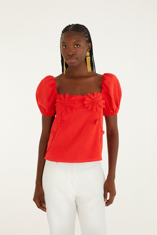 Red 3D Flowers Puff Sleeve Blouse