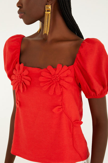 Red 3D Flowers Puff Sleeve Blouse