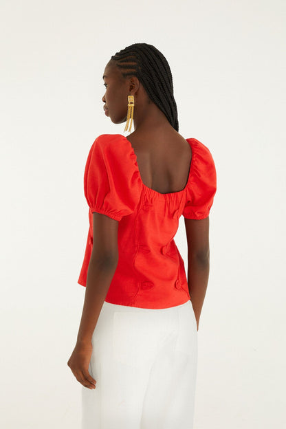 Red 3D Flowers Puff Sleeve Blouse