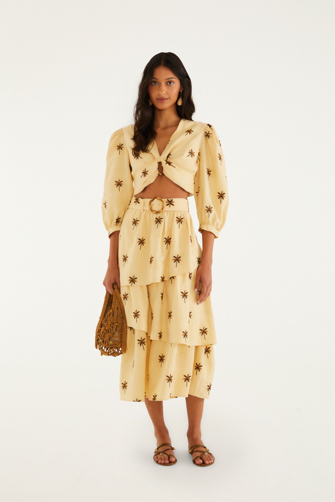 Sand Embroidered Trees Buckled Layered Midi Skirt