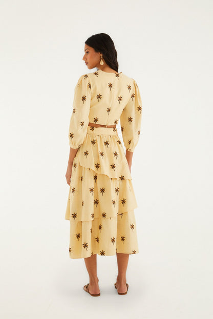 Sand Embroidered Trees Buckled Layered Midi Skirt
