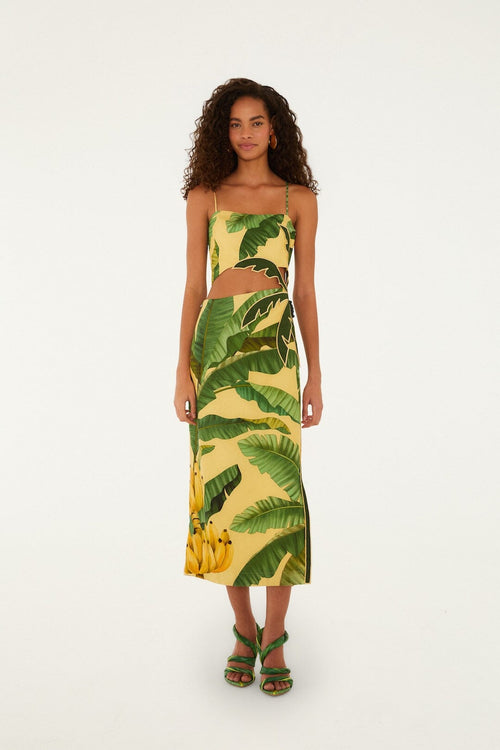 Soft Yellow 3D Banana Leaves Maxi Dress