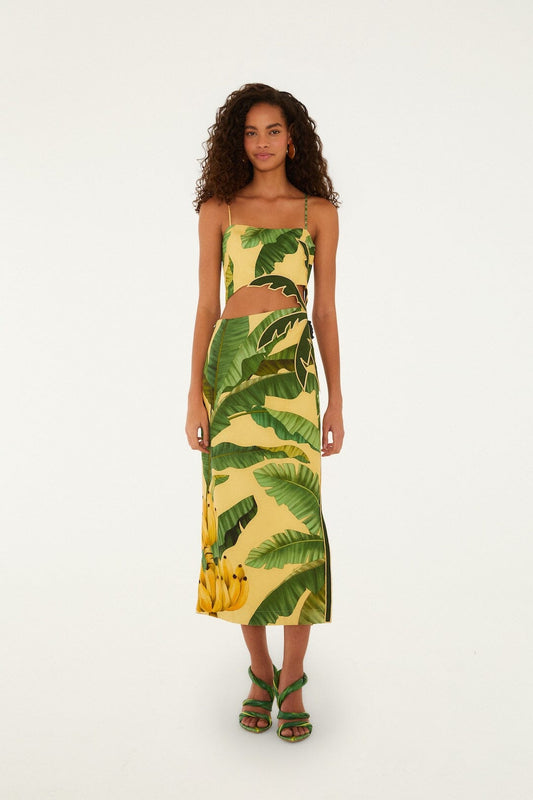Soft Yellow 3D Banana Leaves Maxi Dress