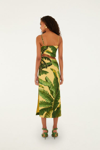 Soft Yellow 3D Banana Leaves Maxi Dress