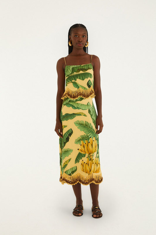 Yellow Fruit Leaves Banana Beaded Fringes Maxi Skirt