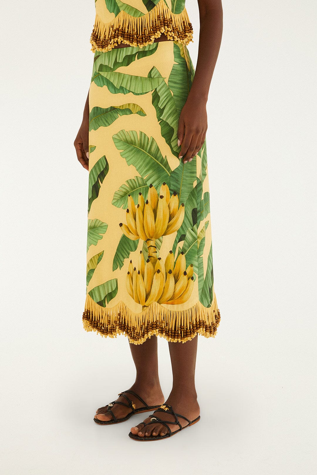 Yellow Fruit Leaves Banana Beaded Fringes Maxi Skirt