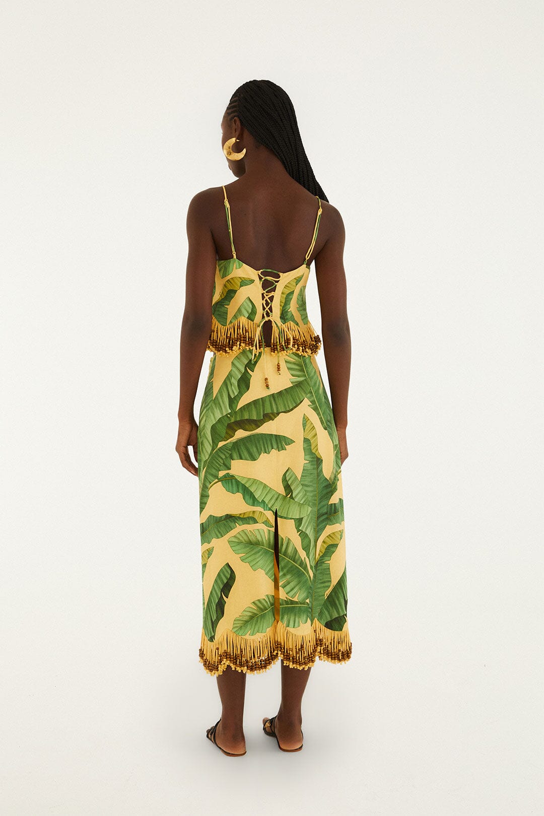 Yellow Fruit Leaves Banana Beaded Fringes Maxi Skirt