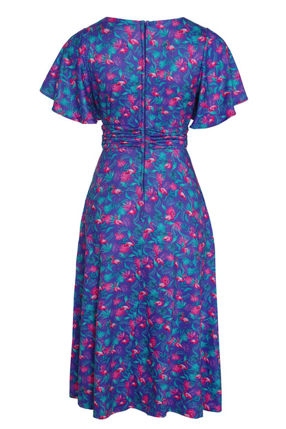 Donna Purple Flamingo Crossover Bust Tea Dress