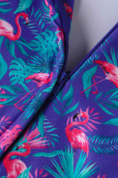 Donna Purple Flamingo Crossover Bust Tea Dress