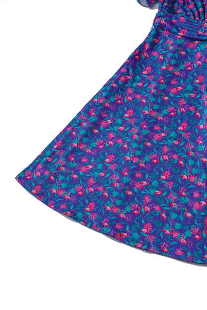 Donna Purple Flamingo Crossover Bust Tea Dress