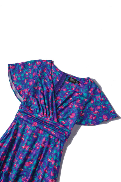 Donna Purple Flamingo Crossover Bust Tea Dress