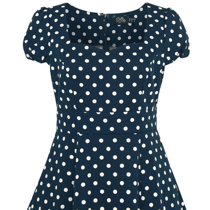 Claudia Flirty Fifties Style Dress in Dark Blue and White