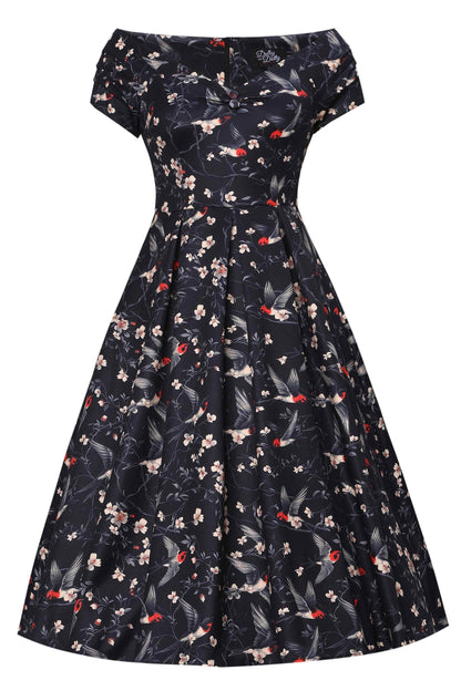 Lily Floral & Swallow Off Shoulder Dress