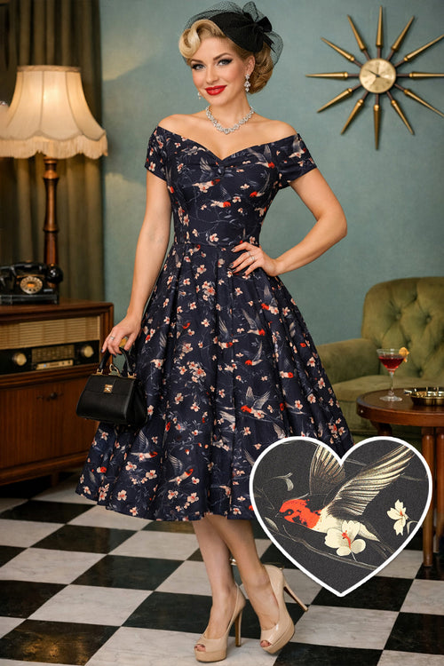 Lily Floral & Swallow Off Shoulder Dress