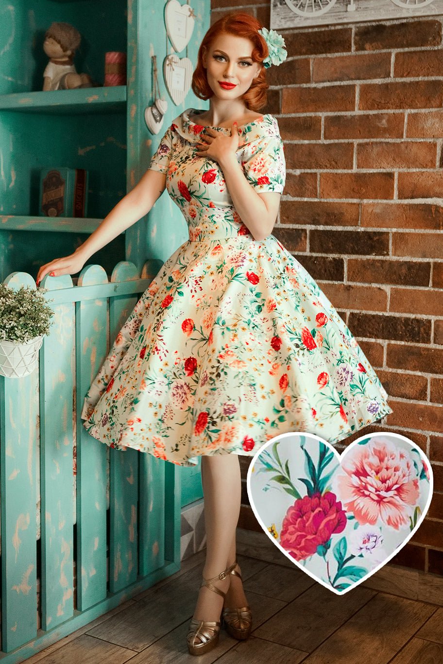 Darlene Floral Roses Swing Dress in Green