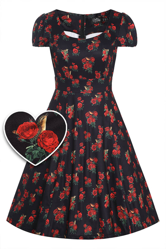 Claudia Black Cap Sleeved Dress with Red Roses & Birds