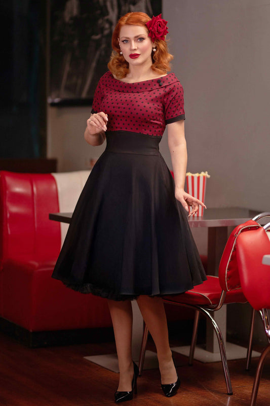 Darlene Full Circle Swing Dress in Burgundy Polka-Black