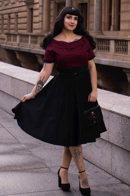 Darlene Full Circle Swing Dress in Burgundy Polka-Black