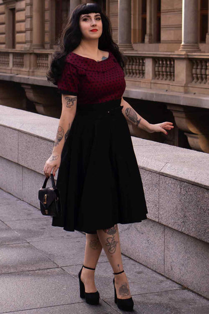 Darlene Full Circle Swing Dress in Burgundy Polka-Black