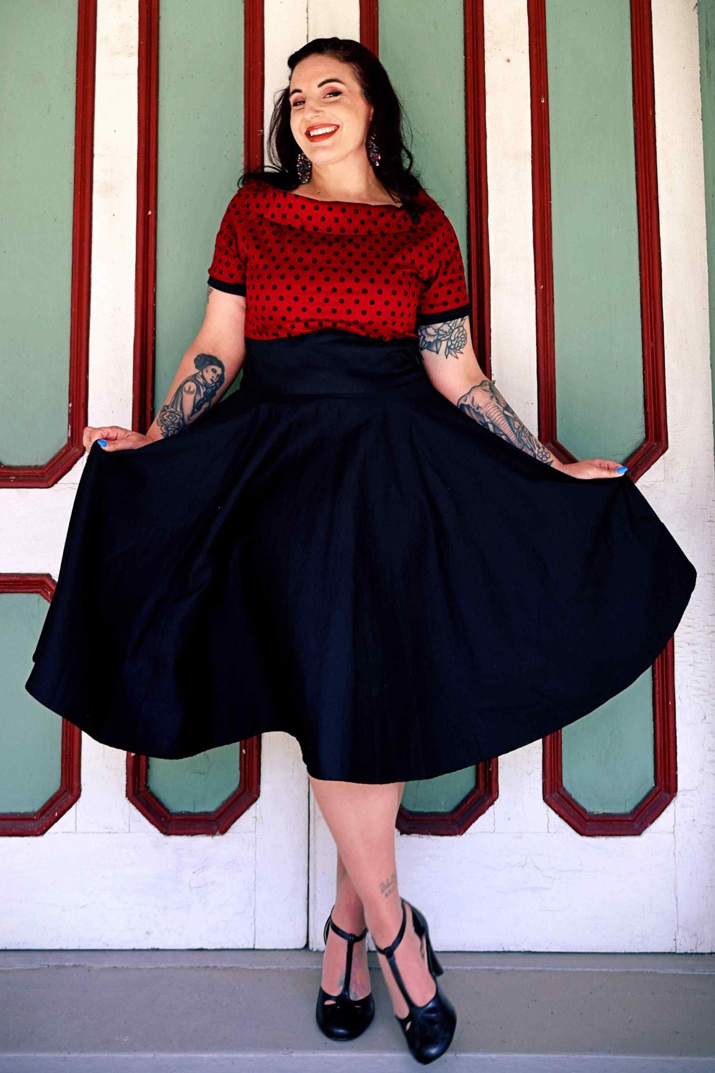 Darlene Full Circle Swing Dress in Burgundy Polka-Black