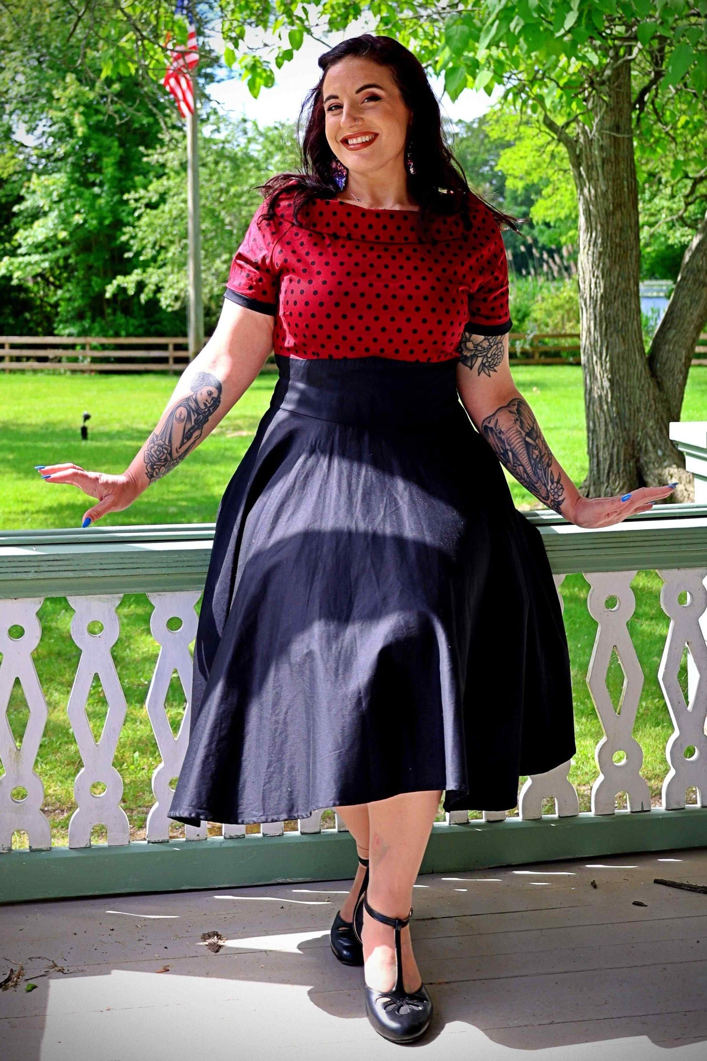 Darlene Full Circle Swing Dress in Burgundy Polka-Black
