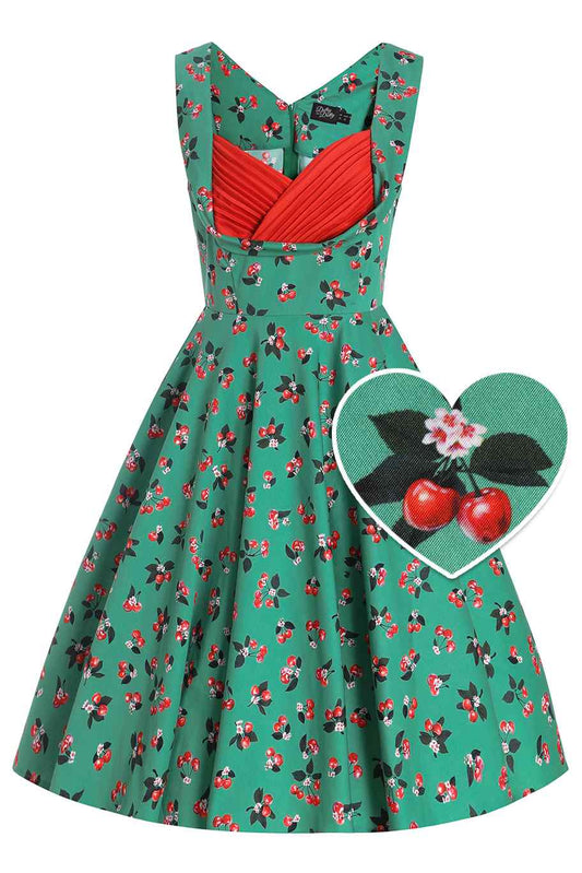 Grace Green Cherry Pleated Bust Dress