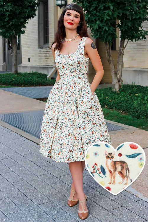 Amanda Ivory Cream Flared Dress in Cat Floral Print